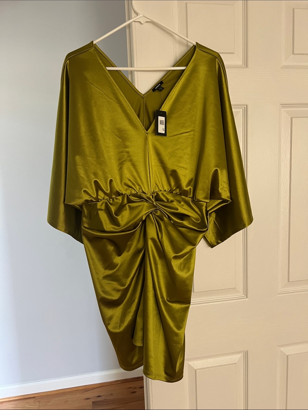 Express Olive Satin Twist-Front Midi Dress